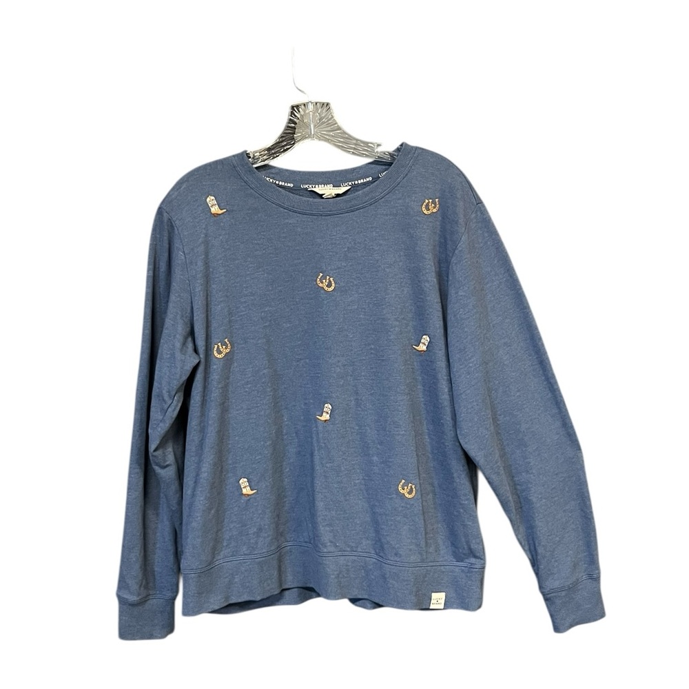 Lucky Brand Western Embroidered Sweatshirt Womens L Blue Horseshoe Boot Pullover